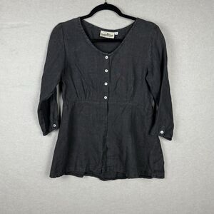 Goddess Gear Black Top‎ Organic Linen Lagenlook Hippie Button Up  Shirt Size S